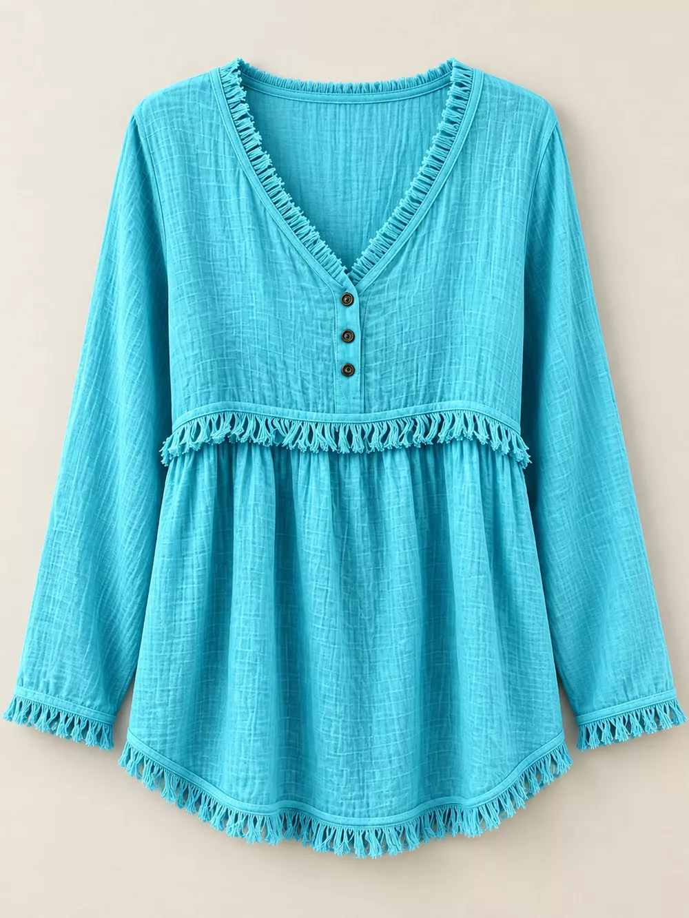 Full Size Fringed Trim V-Neck Long Sleeve Blouse Plus Size, image 52