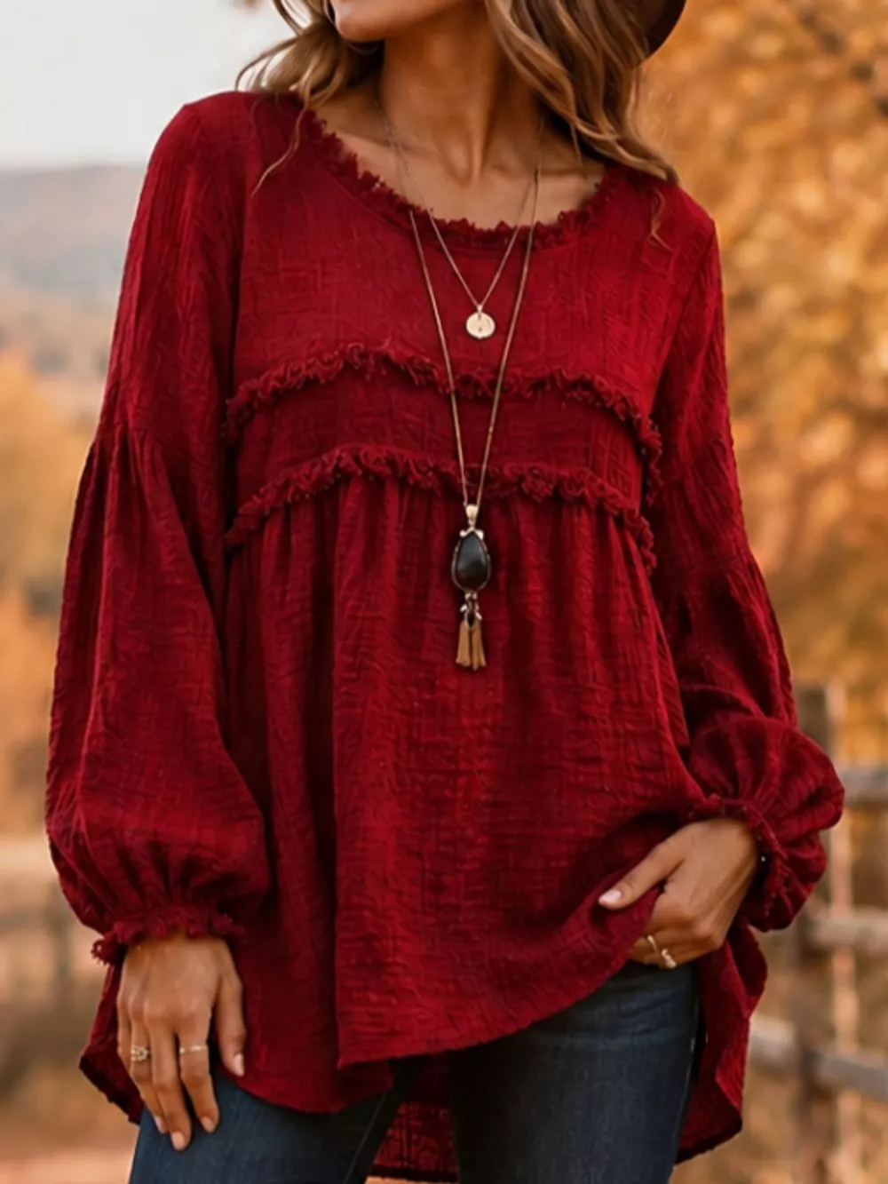 Full Size Boho Chic Textured Frayed Trim Peplum Blouse Plus Size, image 15