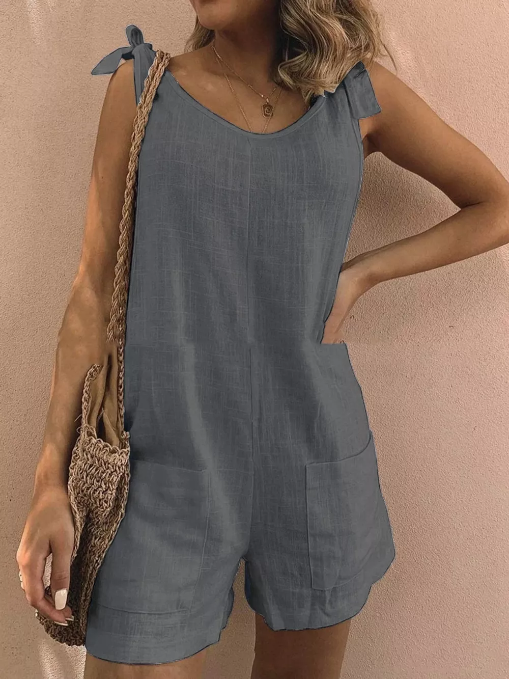 Full Size Tie-Shoulder Romper with Pockets Plus Size, image 39