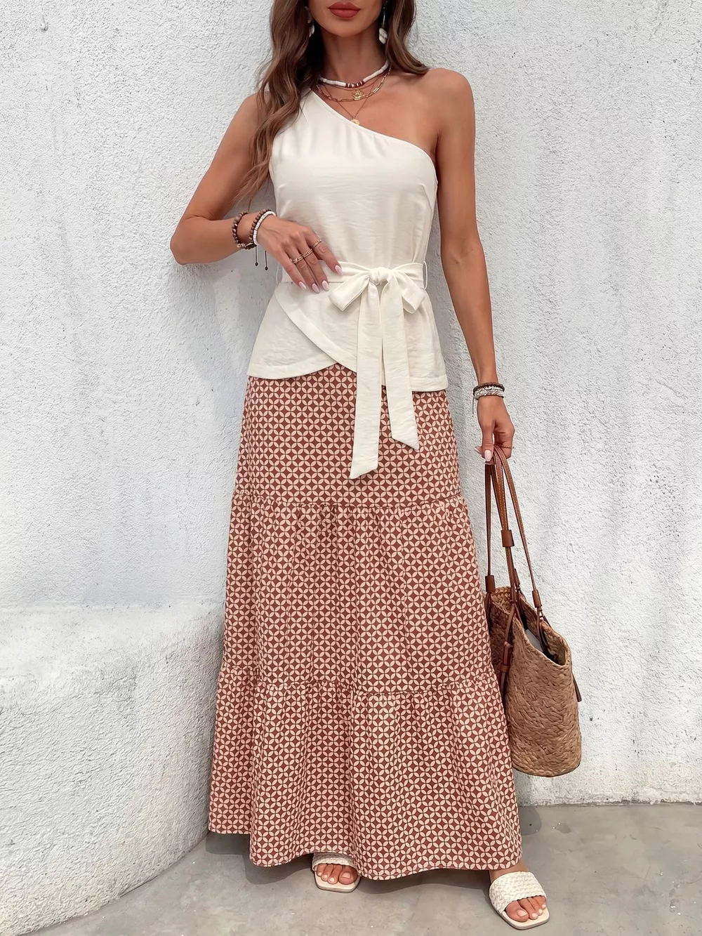 One-Shoulder Top and Geometric Print Maxi Skirt Set, image 6