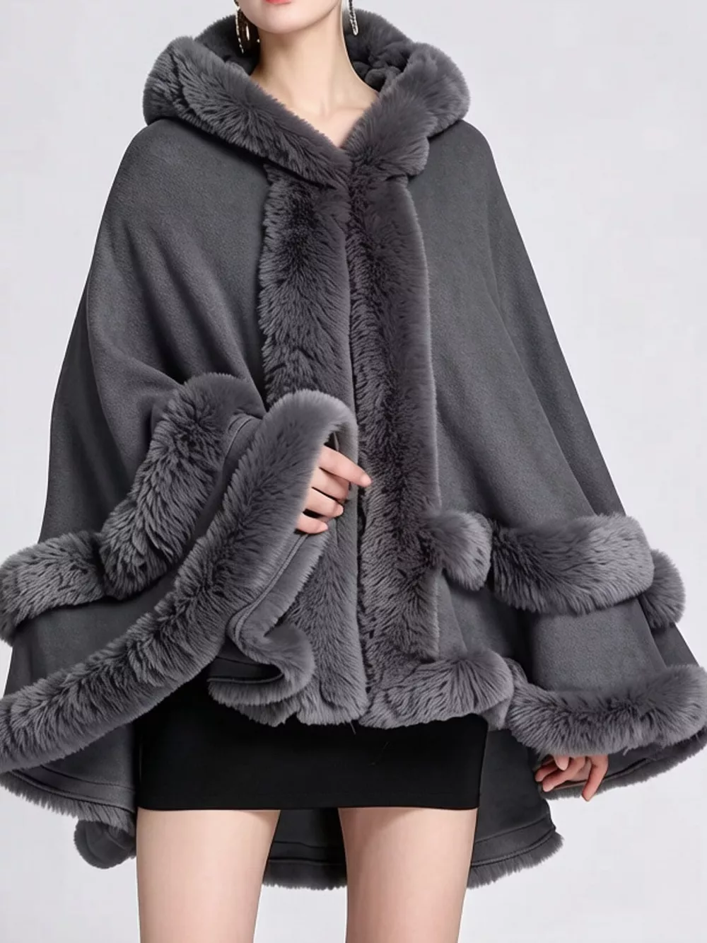 Faux Fur Trimmed Hooded Cape, image 6