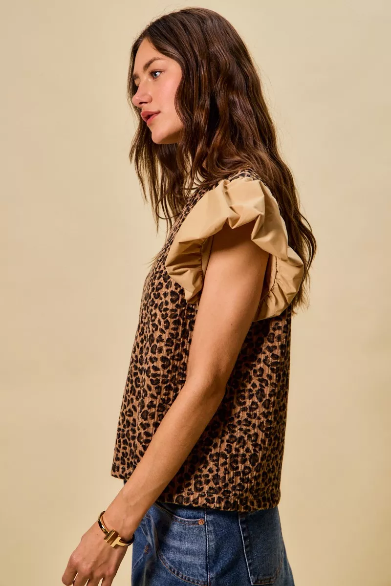 Leopard Pointelle Knit Top with Puff Sleeves, image 8
