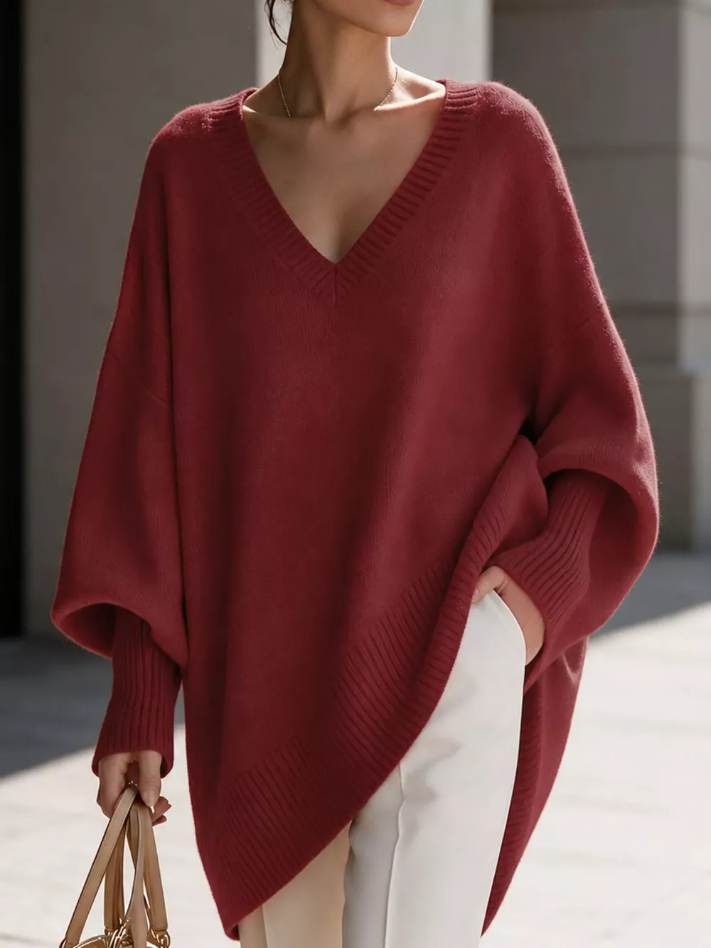 Full Size V-Neck Oversized Batwing Sleeve Sweater Plus Size