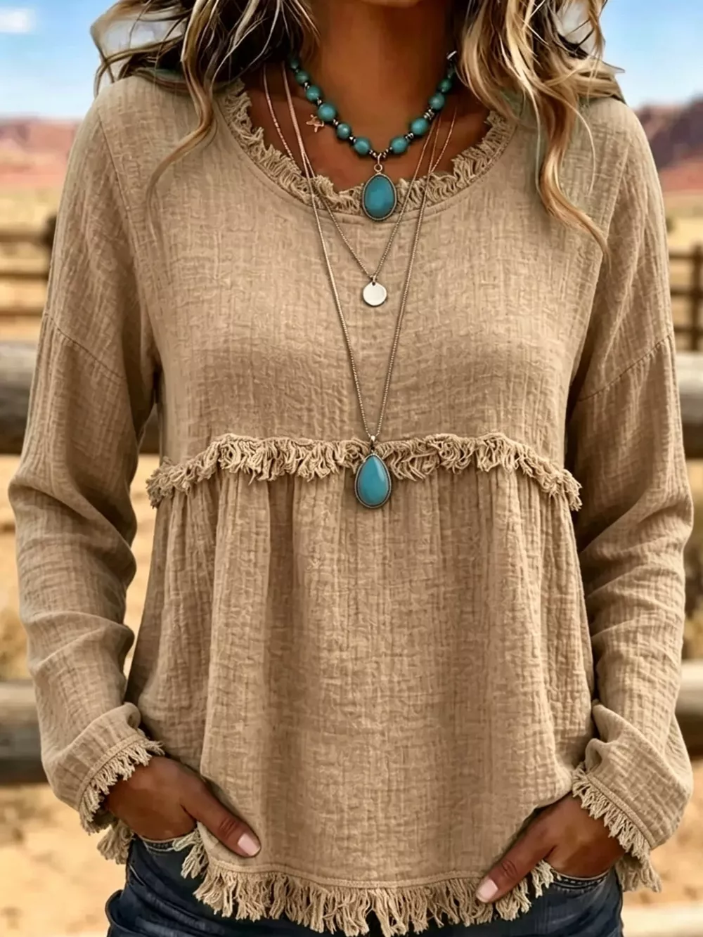 Full Size Frayed Hem Textured Blouse Plus Size, image 32