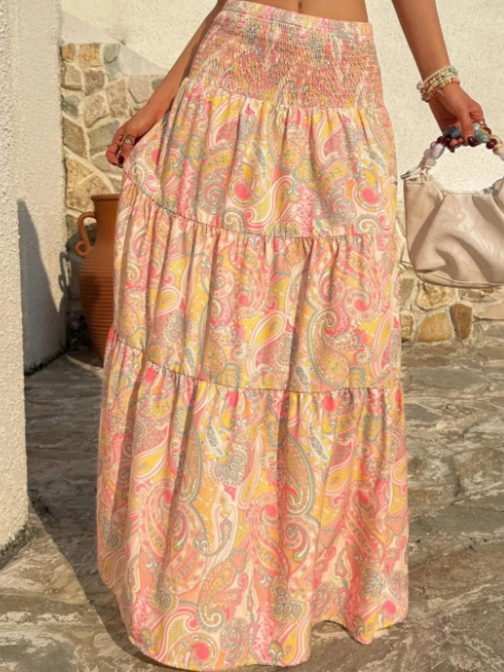 Paisley Print Tiered Maxi Skirt