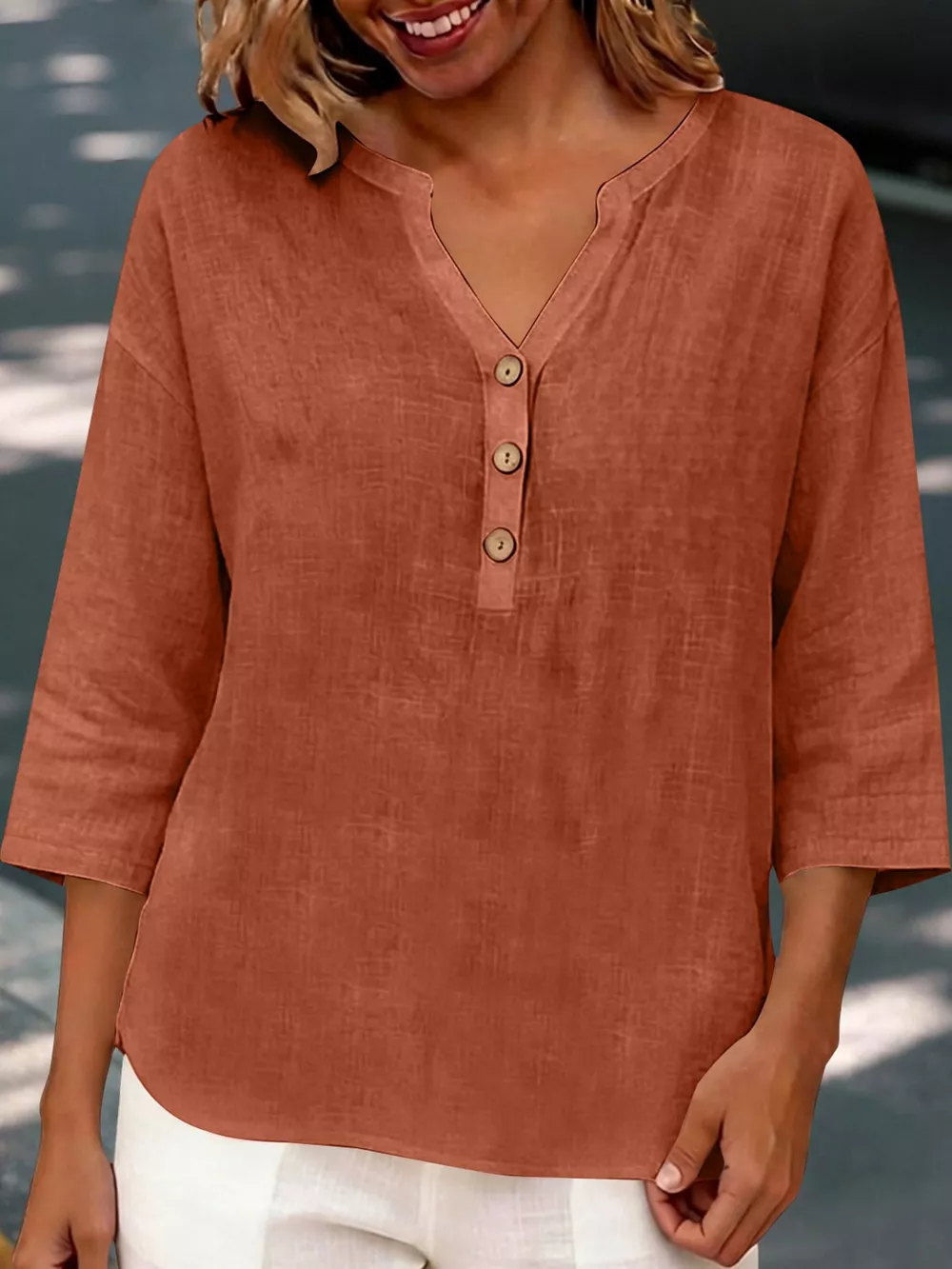 Full Size Button Detail Notched 3/4 Sleeve Blouse Plus Size, image 9
