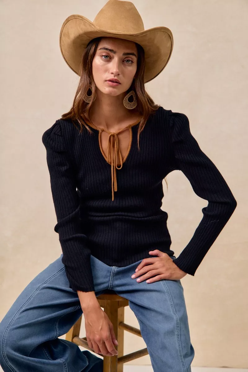 Ribbed Contrast Front Tied Top with Shrried, image 12