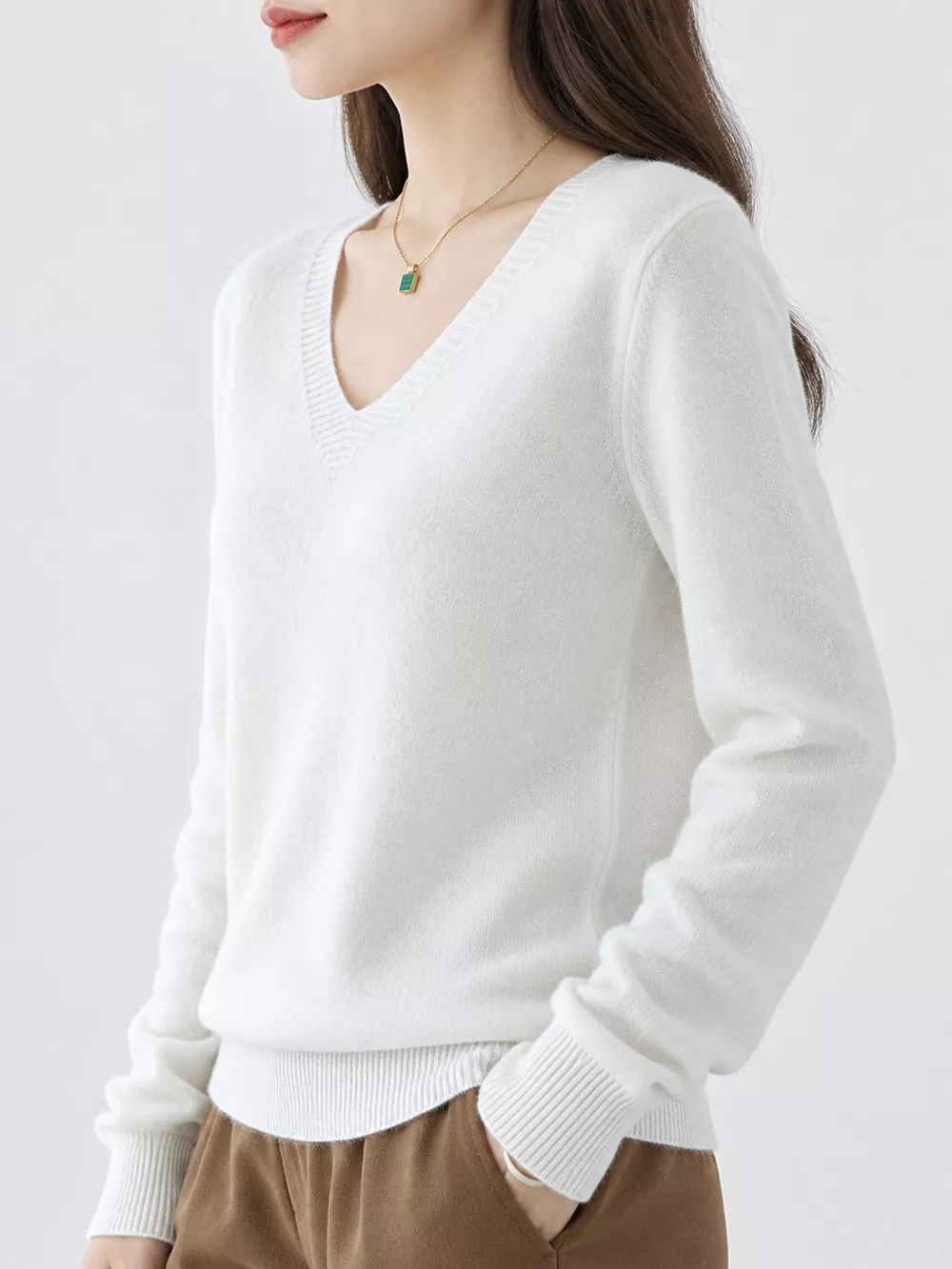 V-Neck Solid Color Sweater, image 2