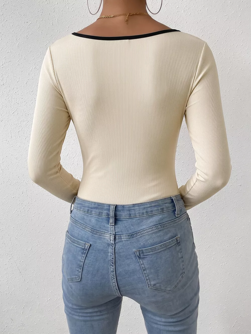 Ribbed Sweetheart Neckline Contrast Trim Long Sleeve Bodysuit, image 7