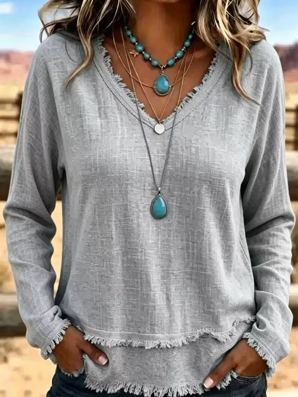 Full Size Frayed Hem V-Neck Blouse Plus Size, image 6