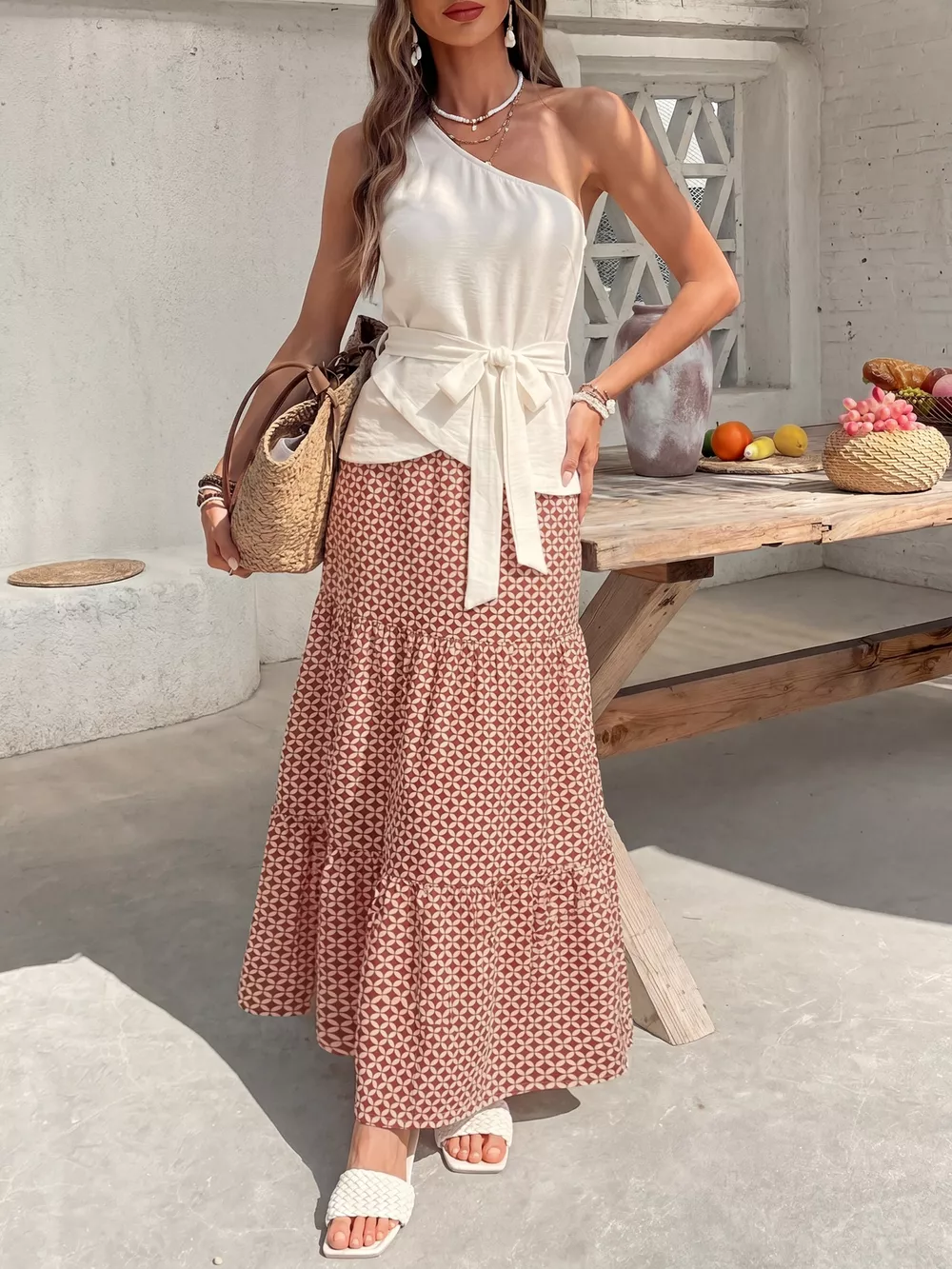 One-Shoulder Top and Geometric Print Maxi Skirt Set, image 2