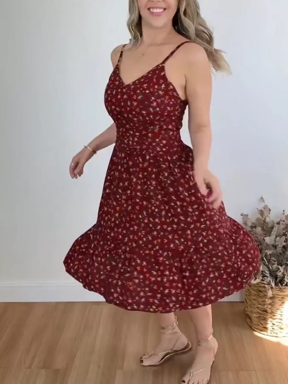 Floral Print Spaghetti Strap Ruffle Hem Dress, image 4