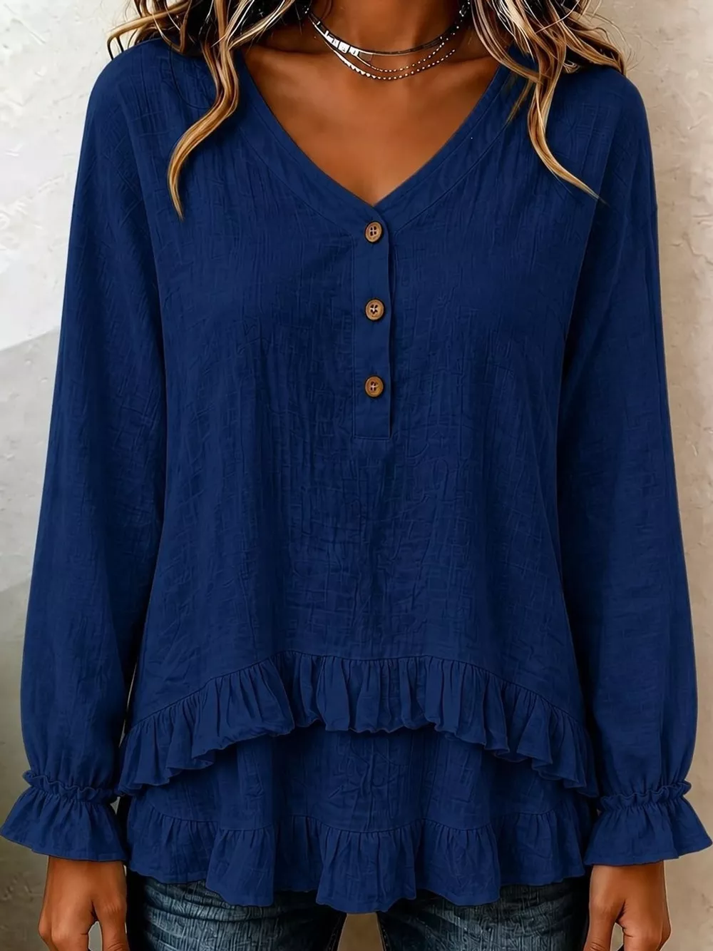 V-Neck Long Sleeve Ruffled Hem Blouse, image 17