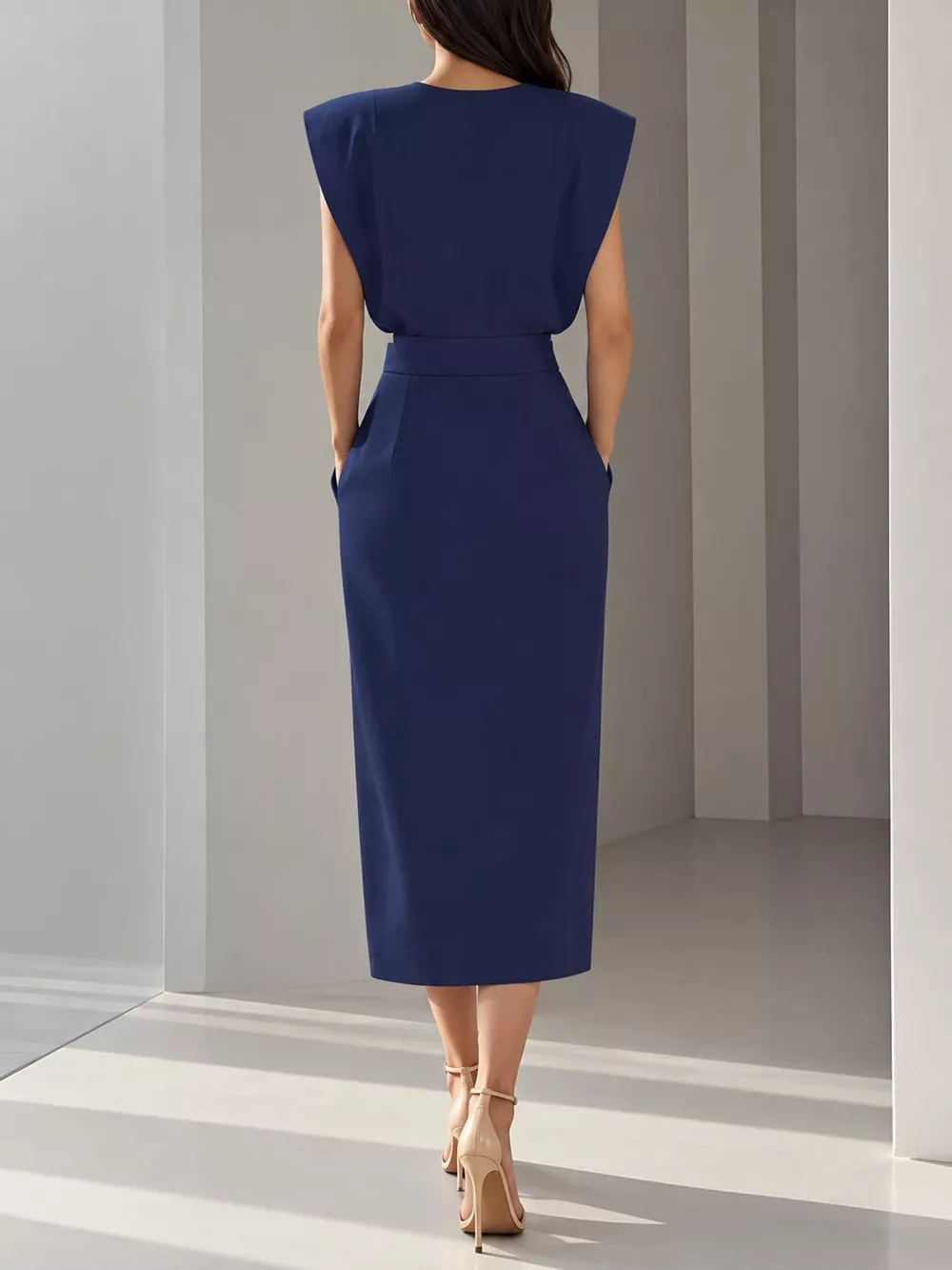 Sleeveless Midi Dress with Gold Button Detail and Side Slit, image 8