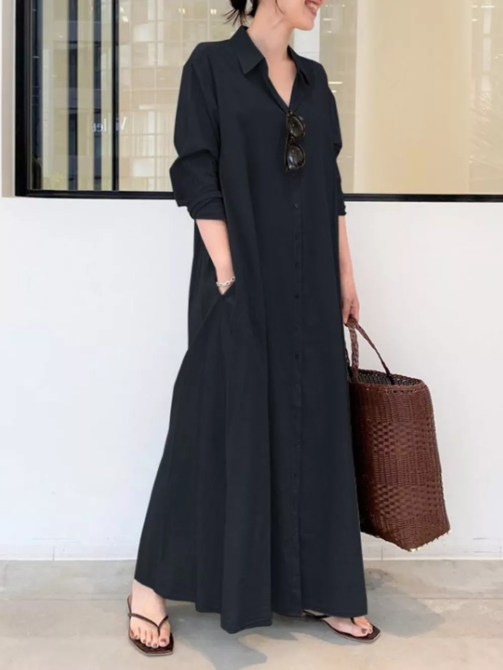 Full Size Button Front Long Sleeve Maxi Shirt Dress Plus Size, image 20