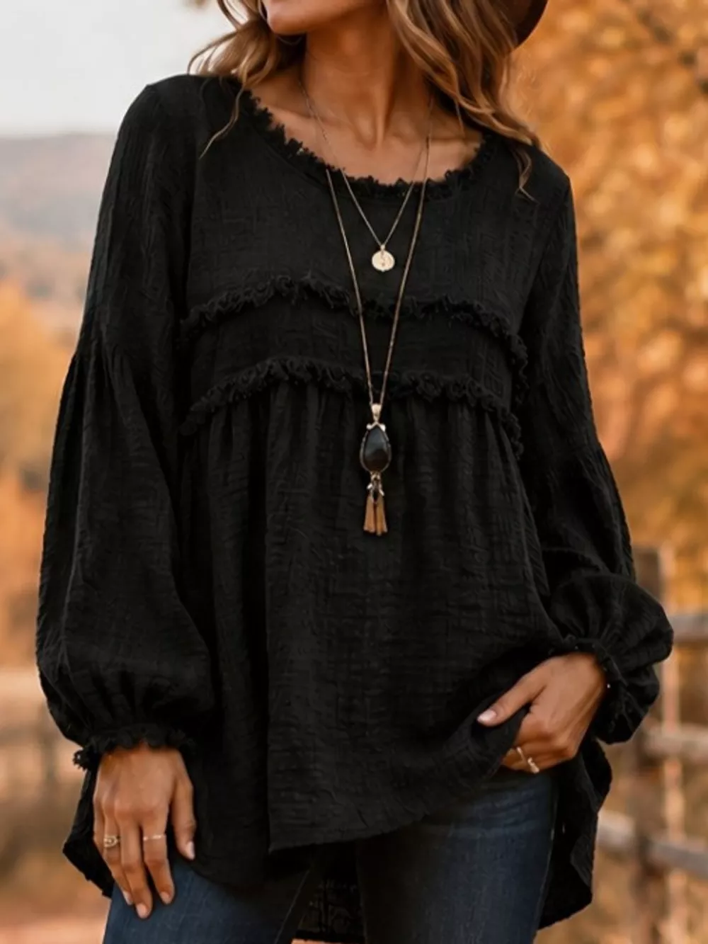 Full Size Boho Chic Textured Frayed Trim Peplum Blouse Plus Size, image 25