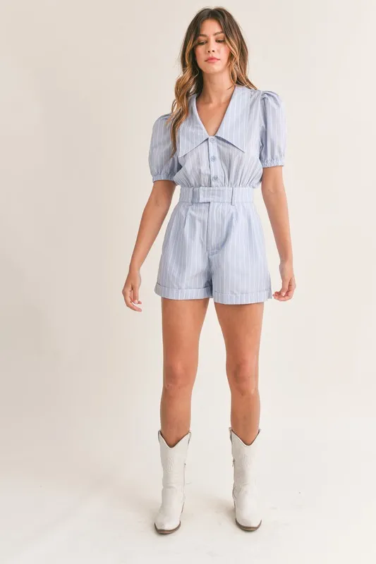 Striped Puff Sleeve Collared Neck Romper, image 5