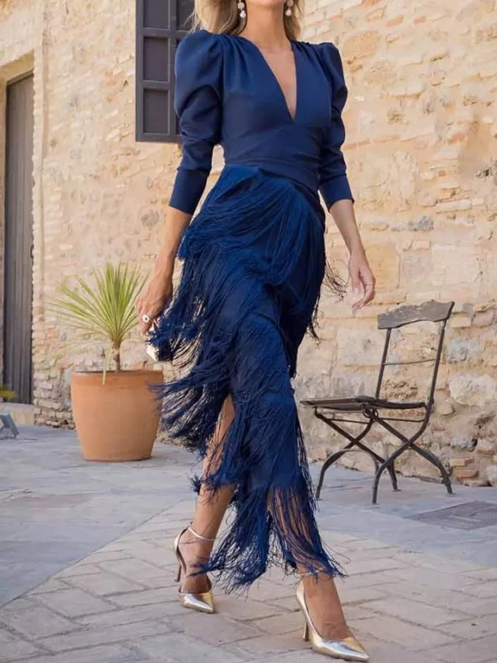 Fringed V-Neck Puff Sleeve Maxi Dress, image 7