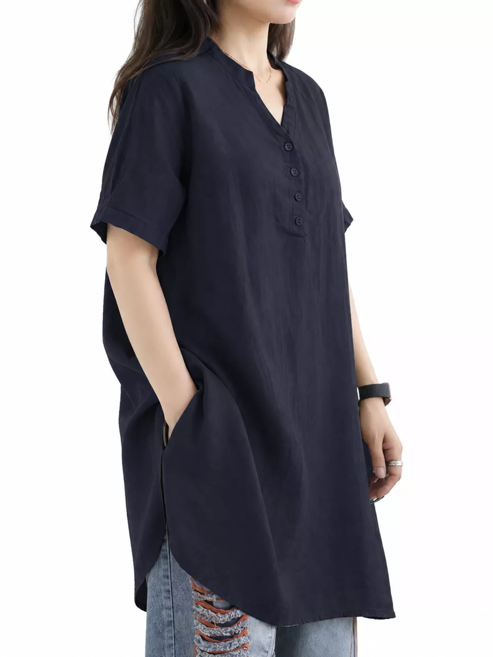 Full Size Notched Short Sleeve Oversize Blouse Plus Size, image 12