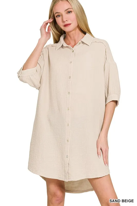 Washed Double Gauze Button Down Shirt Dress, image 3