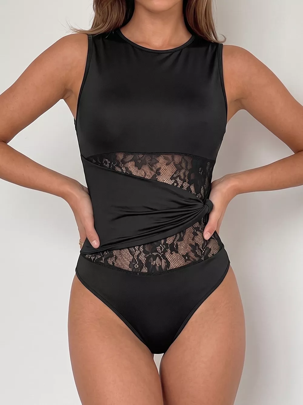 Sheer Lace Panel Sleeveless Bodysuit, image 2