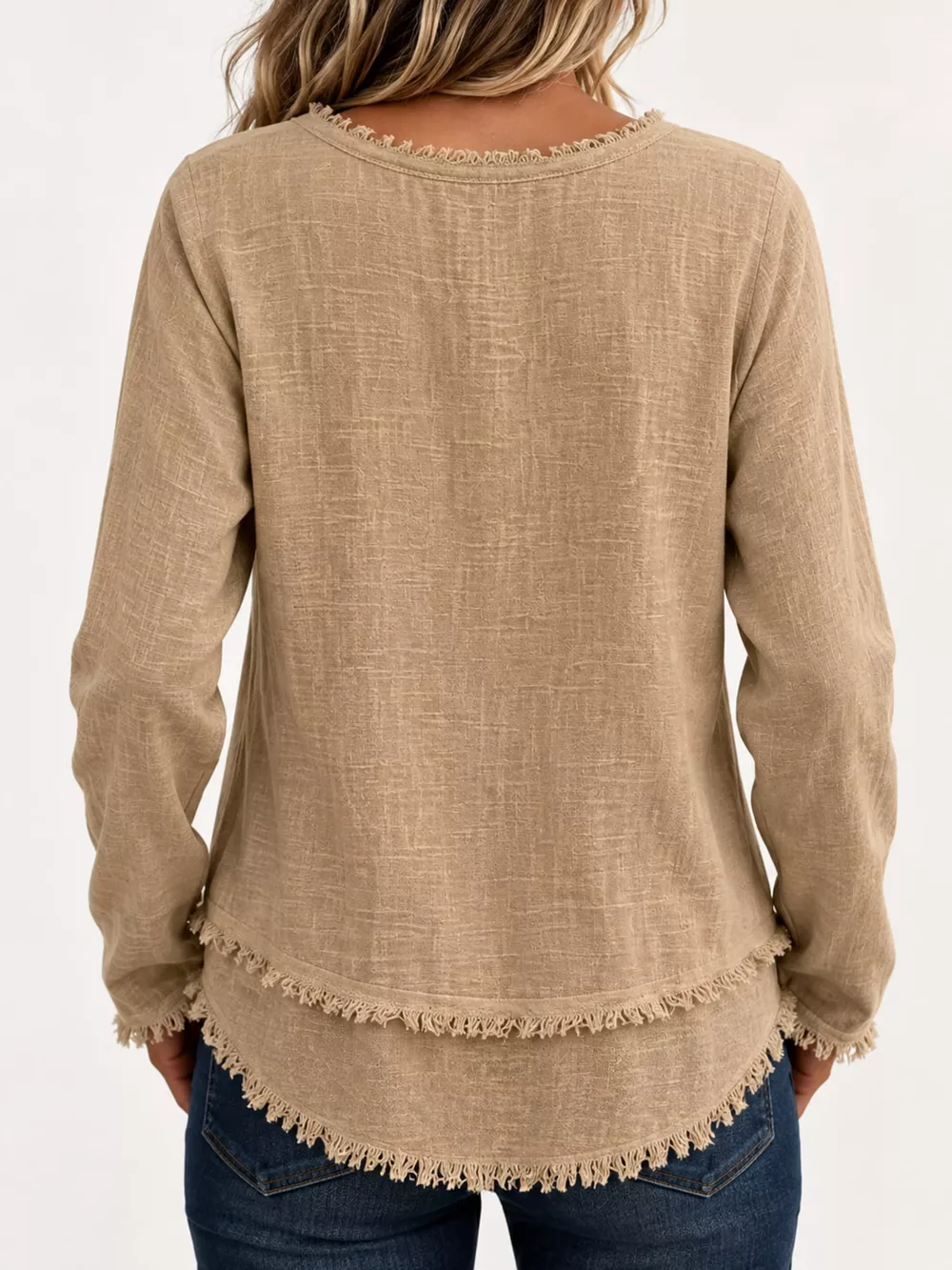 Full Size Frayed Hem V-Neck Long Sleeve Blouse Plus Size, image 64