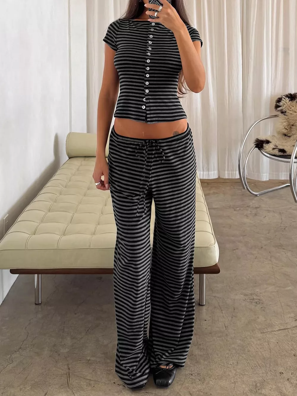 Striped Button-Down Top and Wide-Leg Pants Set, image 8