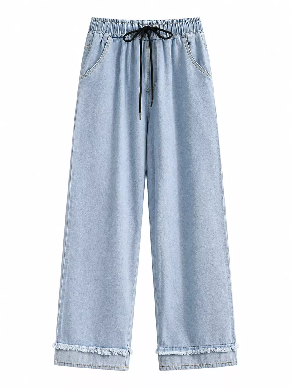 Full Size High-Waisted Elastic Drawstring Wide-Leg Jeans with Frayed Hem Plus Size, image 2