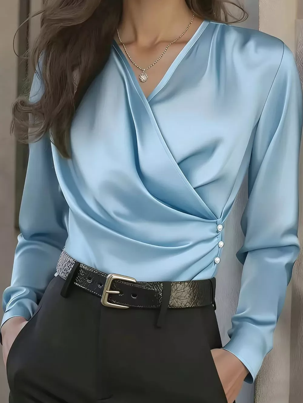 Satin Surplice Long Sleeve Blouse, image 34