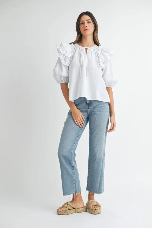 Stripe Ruffle Shoulder Puff Sleeve Blouse, image 8