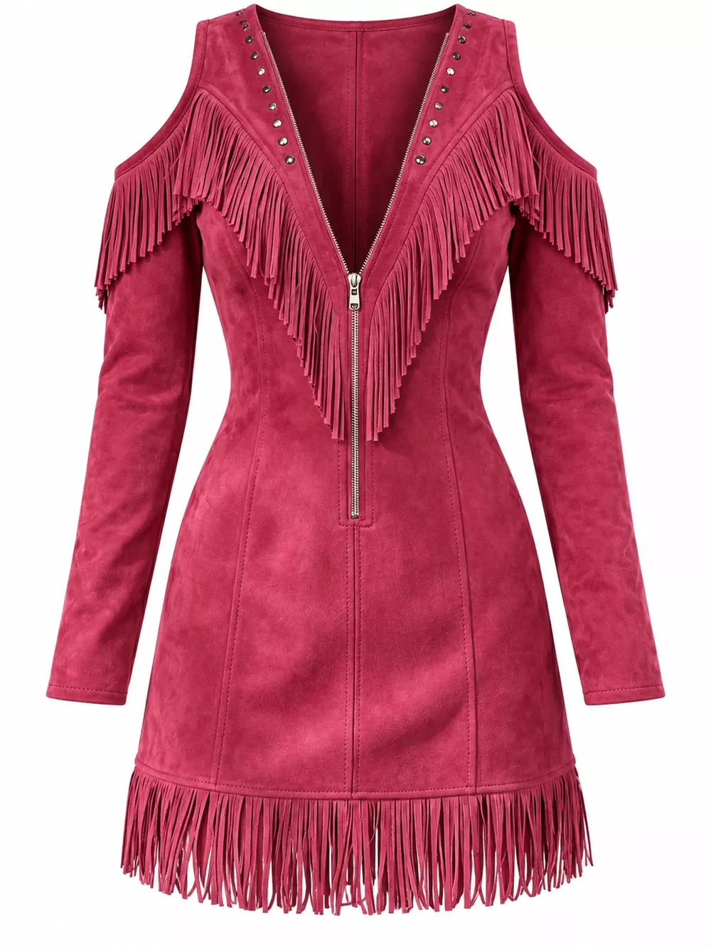 Full Size Fringed Cold-Shoulder Zip-Front Mini Dress Plus Size, image 15