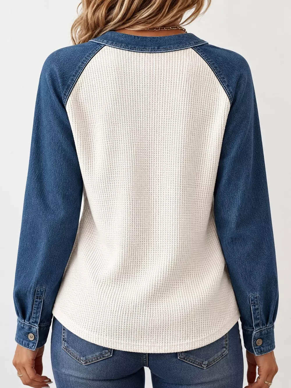 Full Size Waffle Knit Denim Patchwork Button Detail Blouse Plus Size, image 3