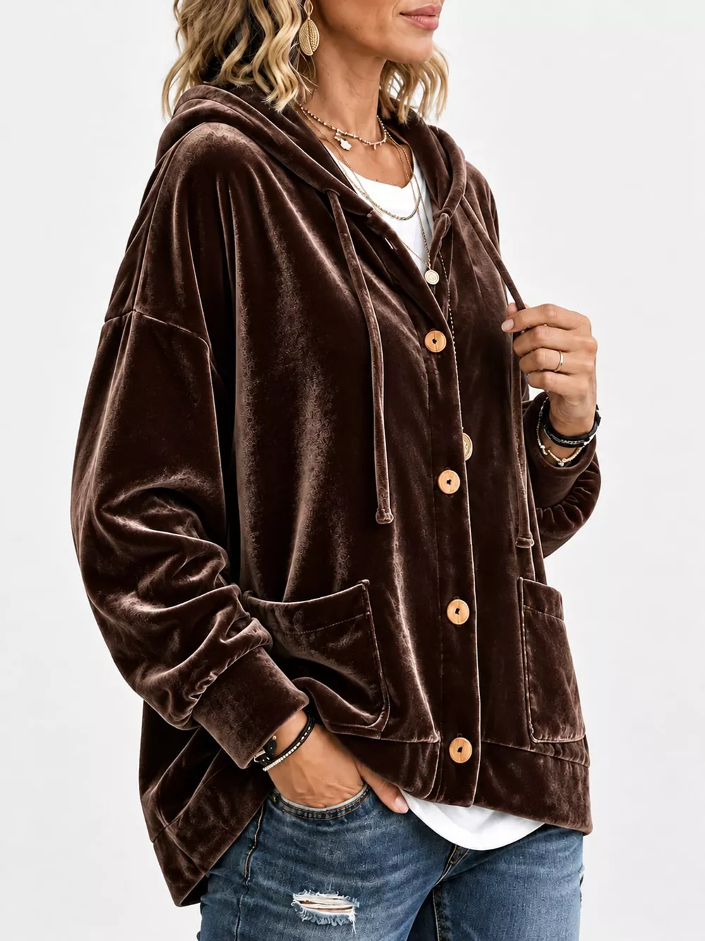 Full Size Velvet Dropped Shoulder Hoodie Plus Size, image 26