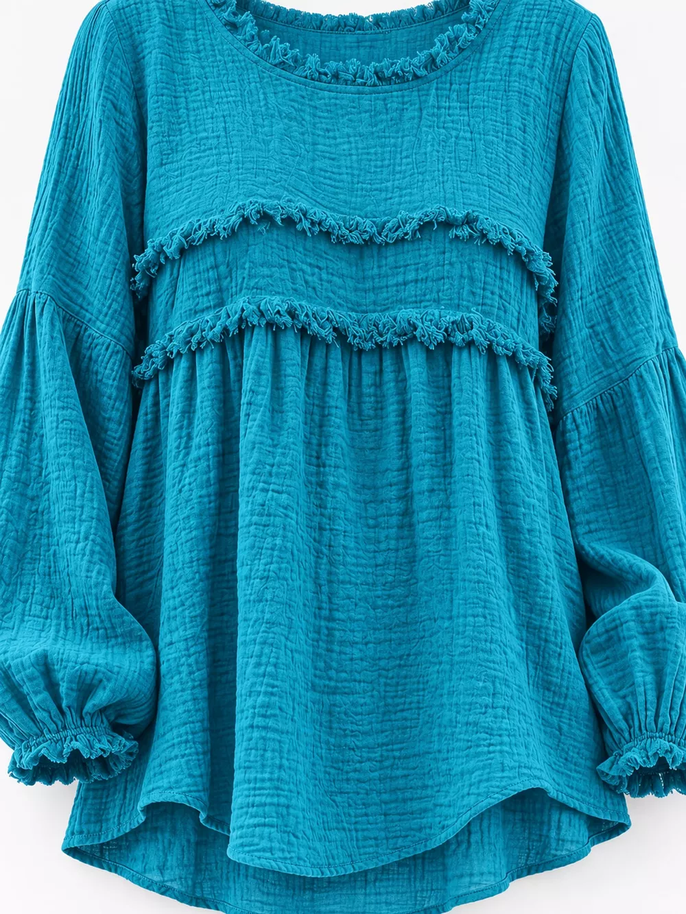 Full Size Boho Chic Textured Frayed Trim Peplum Blouse Plus Size, image 38