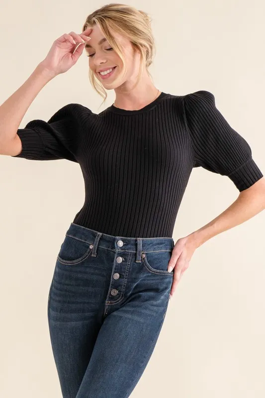Puffed Half Sleeve Rib Basic Bodysuit, image 4