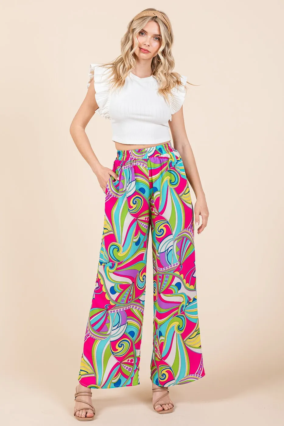 Abstract Print Elastic Waist Wide Leg Pants, image 3