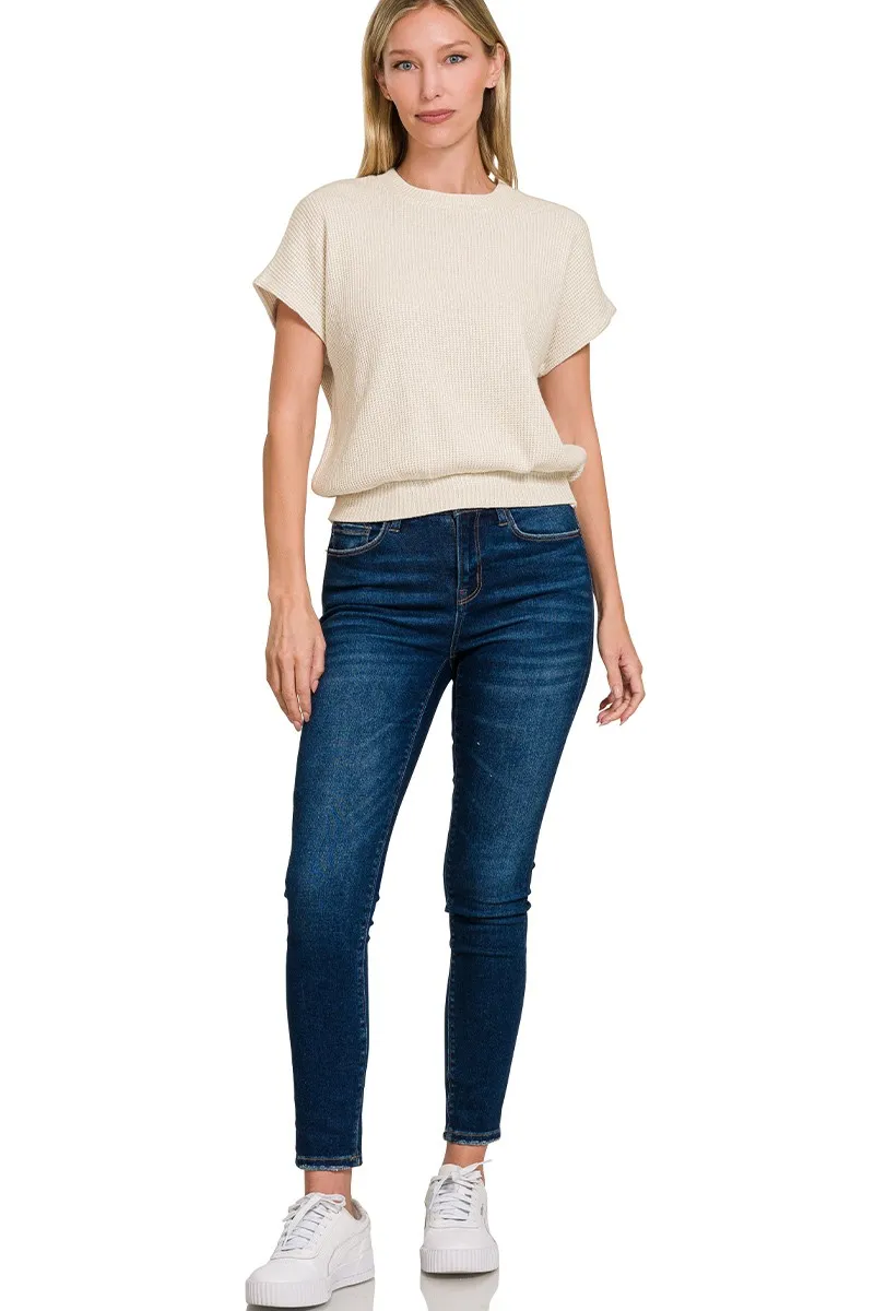 Round Neck Banded Botton Short Sleeve Sweater, image 2