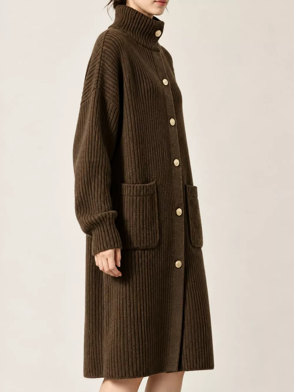 Ribbed Knit Turtleneck Button Up Longline Cardigan, image 4
