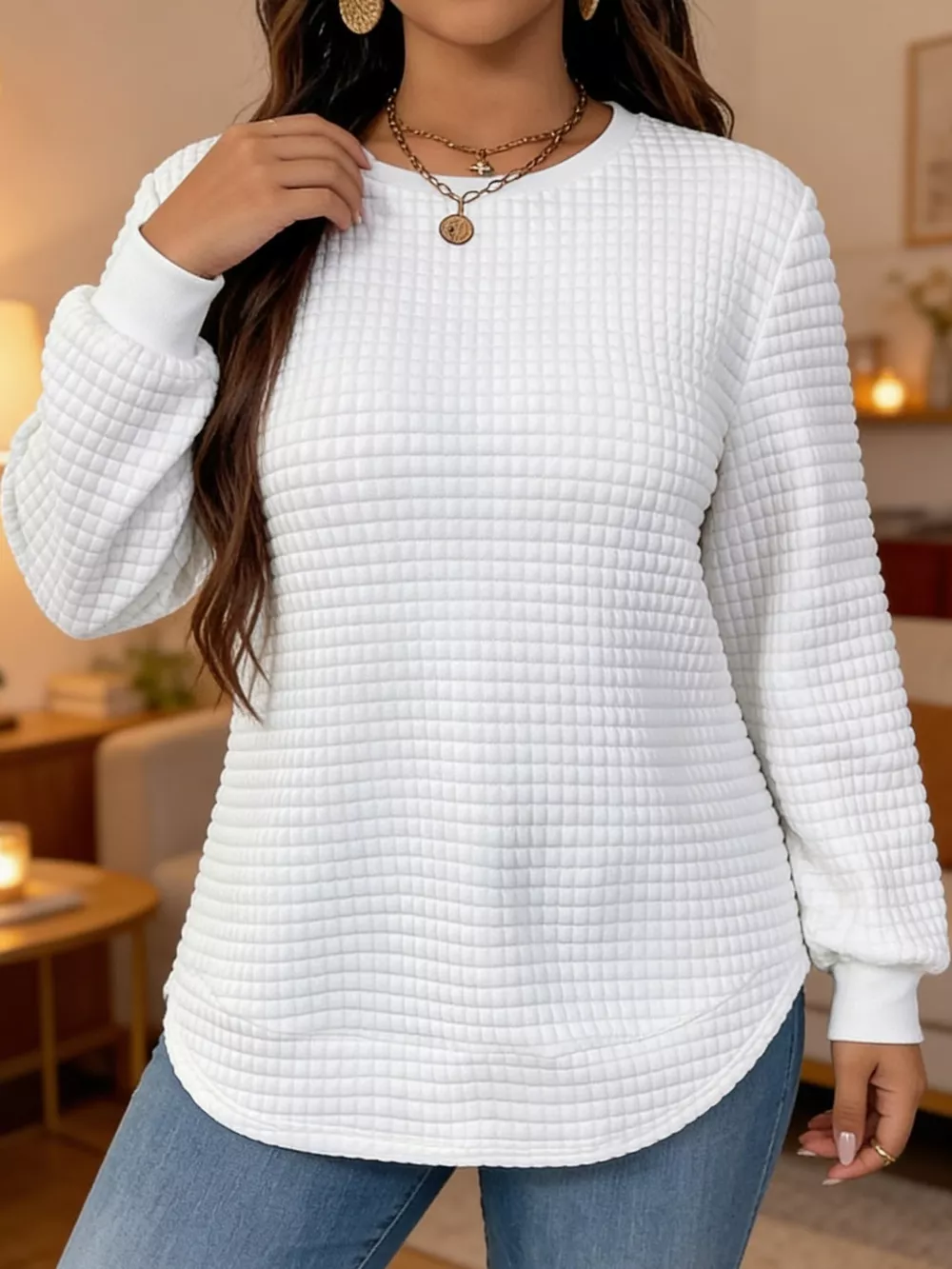 Plus Size Textured Waffle Knit Crew Neck Sweatshirt, image 3