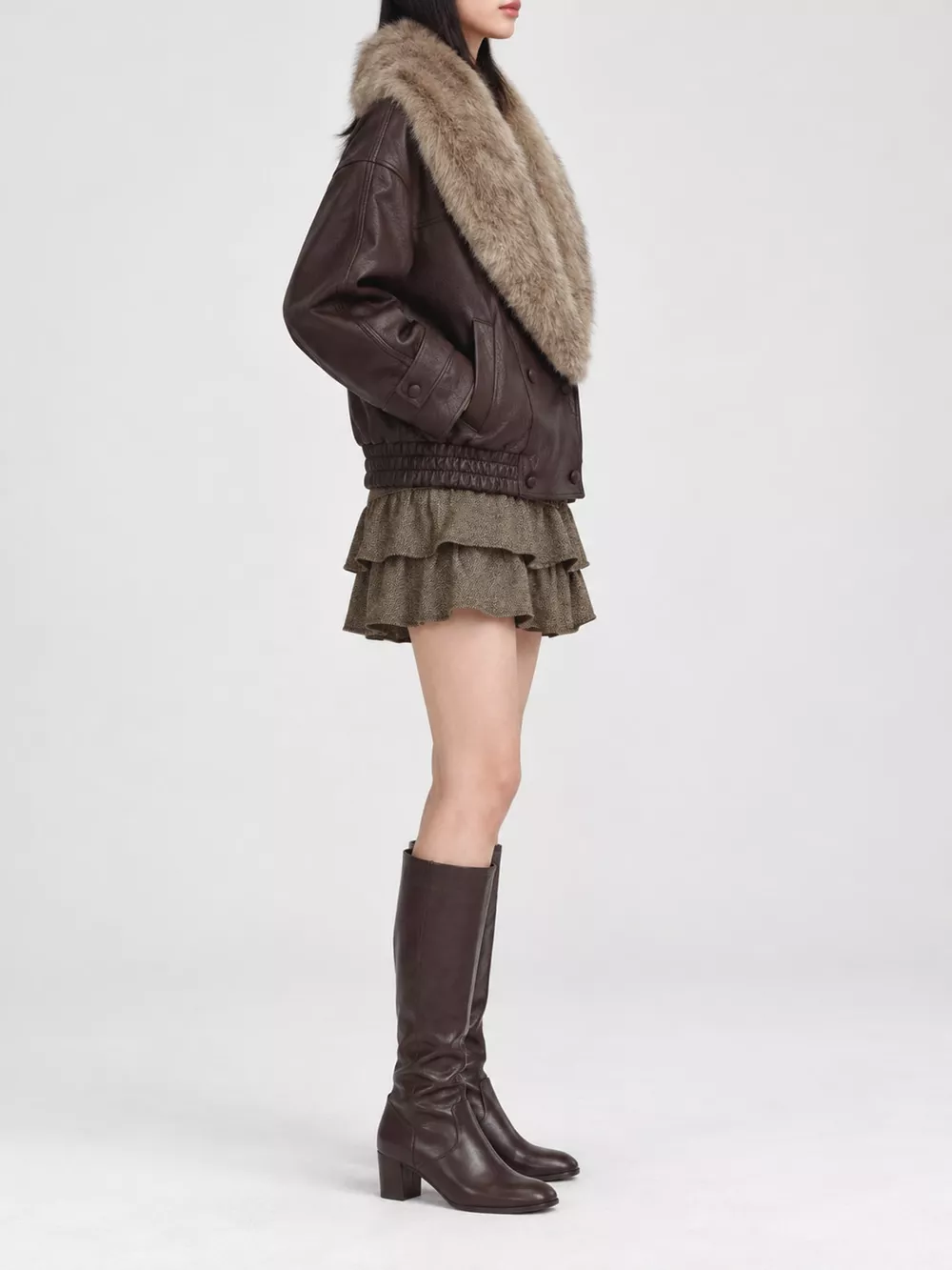 Faux Fur Collar Leather Bomber Jacket, image 5