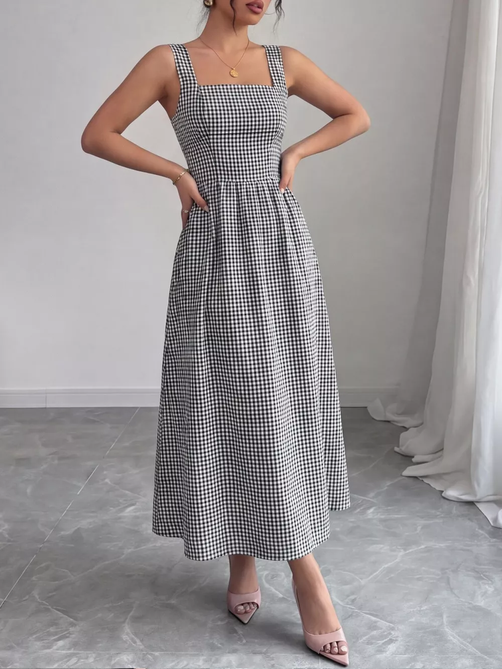 Square Neck Gingham Midi Dress, image 3