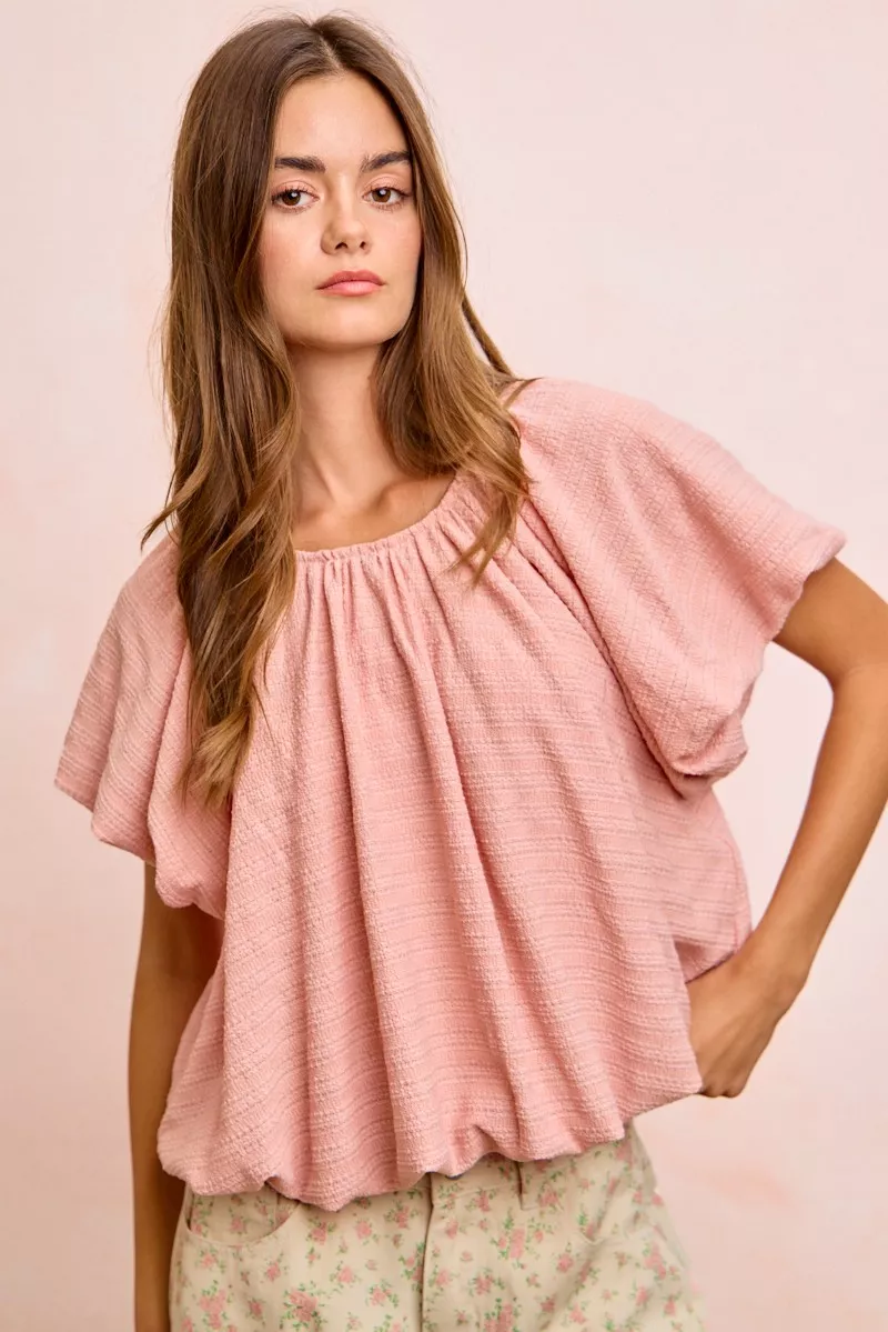 Stripes Textured Shirred Neckline Bubble Hem Top