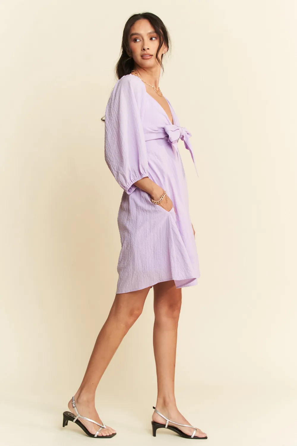 Self-Tie Puff Sleeve Smocking Open Back Mini Dress, image 8