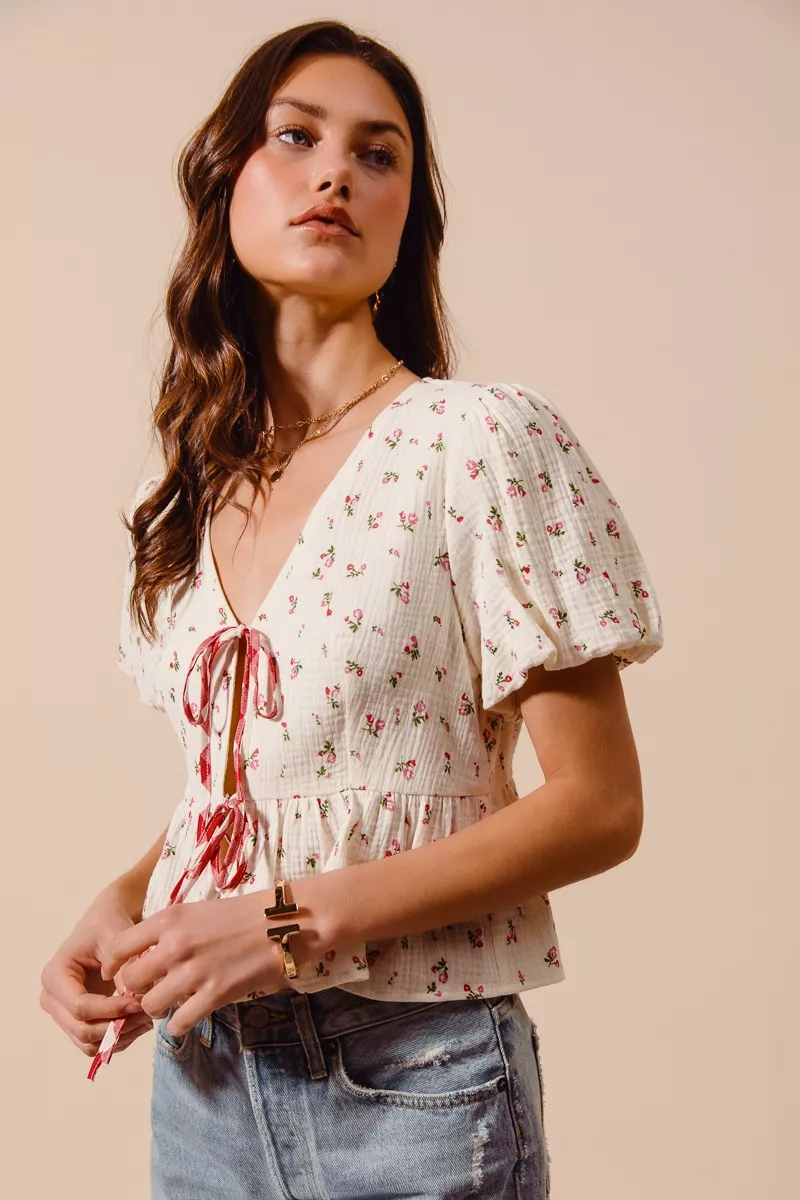 Ditsy Floral Print Gauze Tie-Front Blouse, image 10