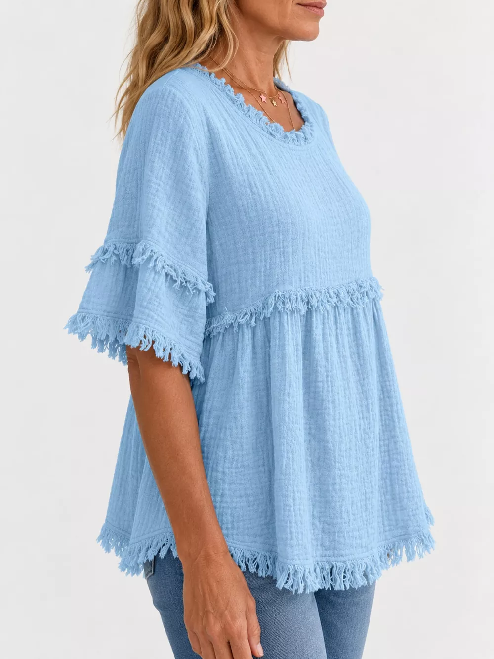 Full Size Frayed Edge Textured Blouse Plus Size, image 3