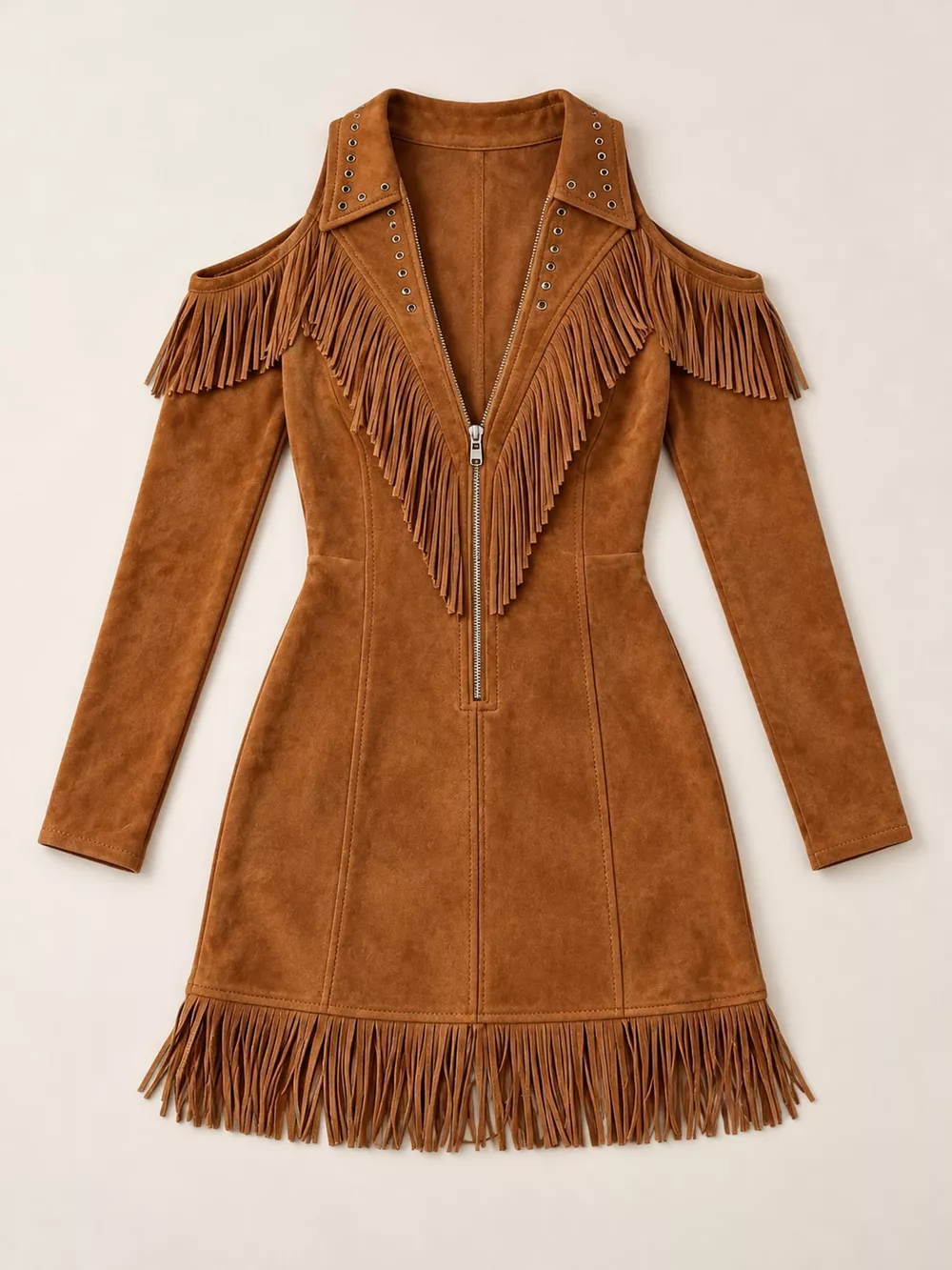 Full Size Fringed Cold-Shoulder Zip-Front Mini Dress Plus Size, image 19