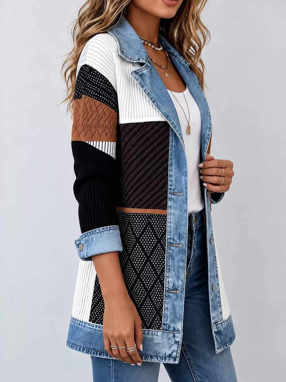 Full Size Denim Trim Ribbed Knit Cardigan Plus Size, image 24