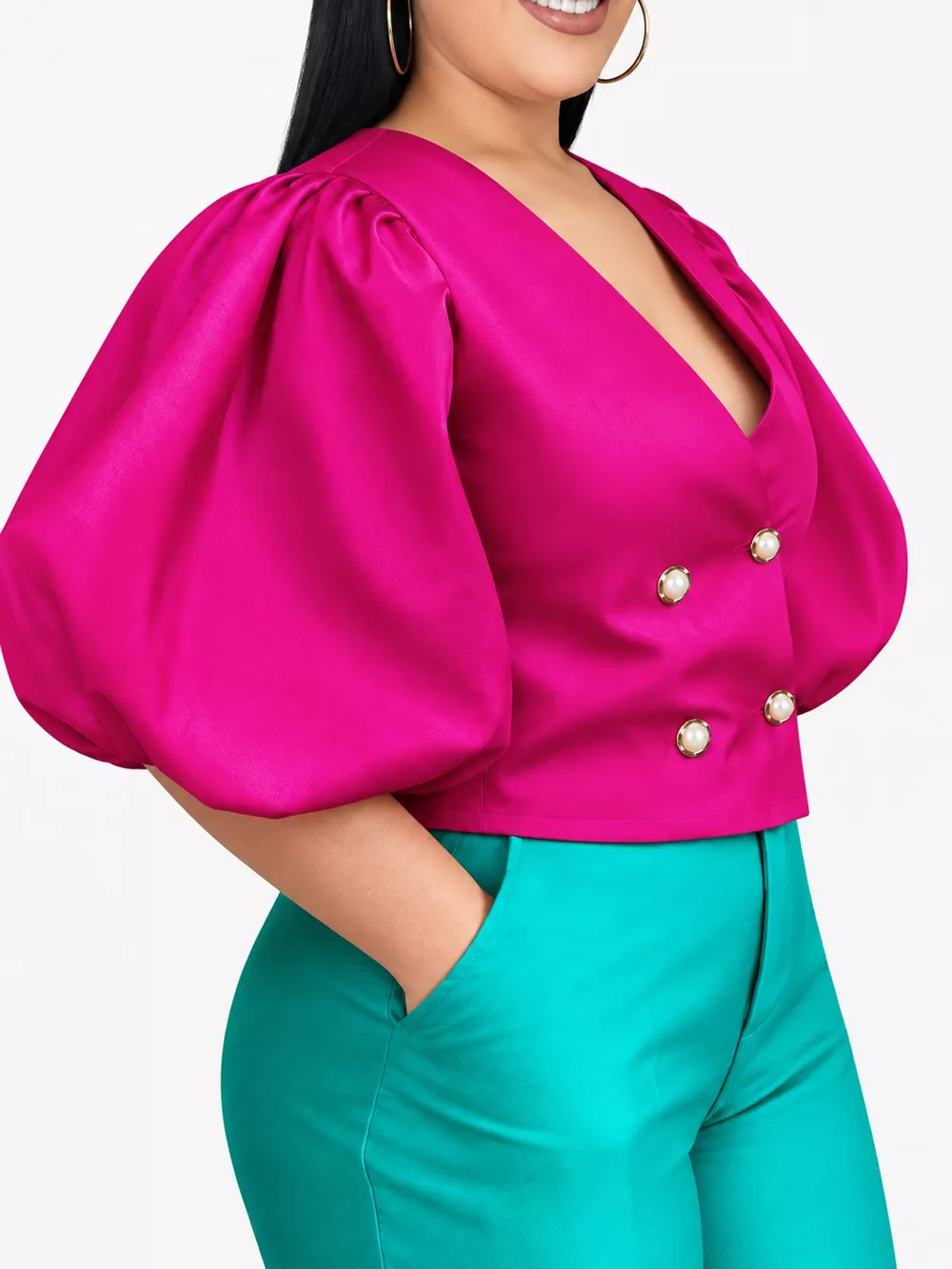 Full Size Double-Breasted Puff Sleeve Blouse Plus Size, image 2