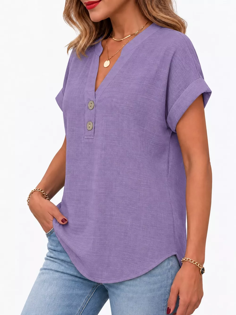 Full Size Button Detail Short Sleeve Blouse Plus Size, image 7