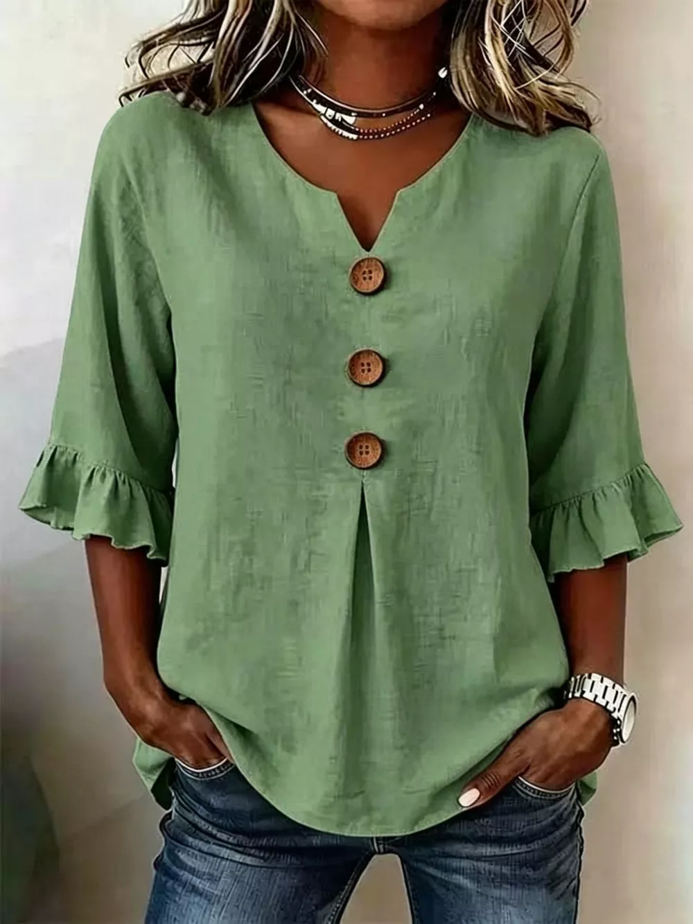 Full Size Casual Ruffle‑Sleeve Decor‑Button Top Plus Size, image 7